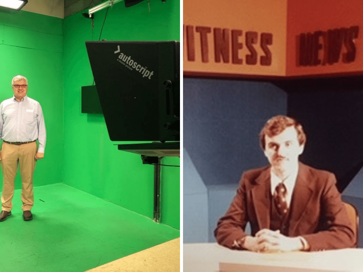  Gone was the desk and clock from the set where I read the news four decades ago. The area in the WICZ studio is now painted green with an image imposed over it for broadcast. Picture: Newvine Personal Collection 
