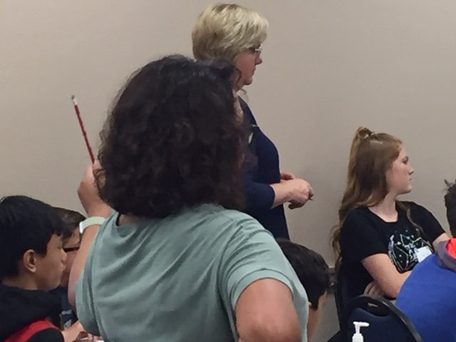  A proctor was assigned to each table of spellers at the Merced County Junior High Spelling Bee. Photo: Steve Newvine 