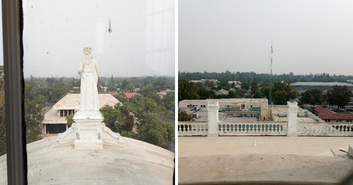  The view looking toward the Merced County Library, and a look at the top of the Merced County Sheriff’s Department building from the cupola of the Courthouse Museum. In the second photograph, the Superior Court building is visible to the right. Photo: Steve Newvine 