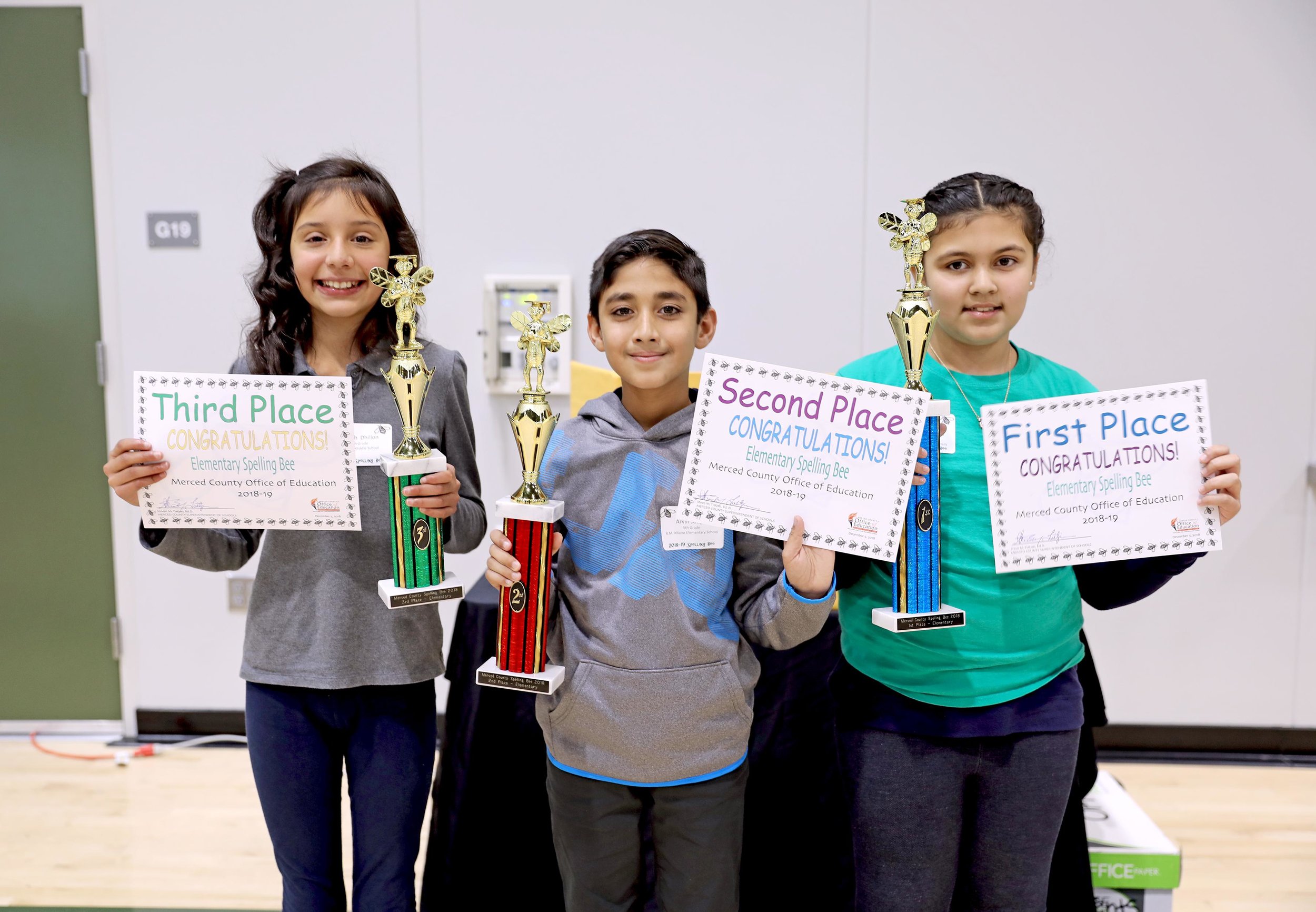  Merced County Elementary Spelling Bee winners Mariah Dhillon took third place, Arvin Judge took second place and Harneet Sandhu took the top spot. Photo: Nate Gnomes, Merced County Office of Education 