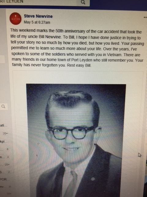  My Facebook post marking the fiftieth anniversary of the passing of Bill Newvine.  Photo: Steve Newvine 
