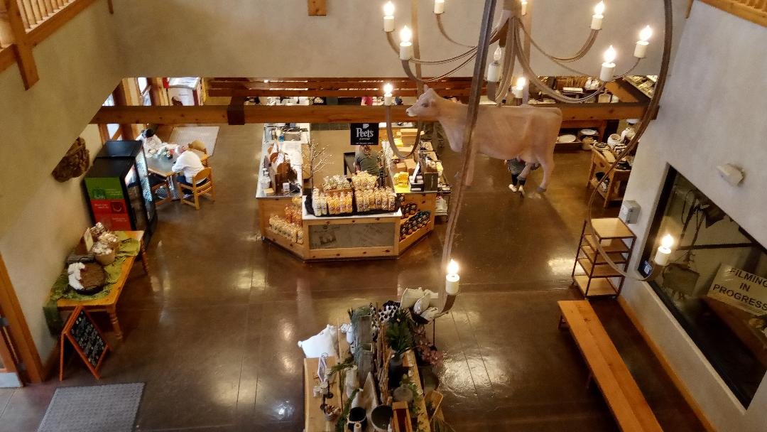 The view overhead looking down on the Hilmar Cheese Visitor Center Gift Shop and Café. Photo: Steve Newvine