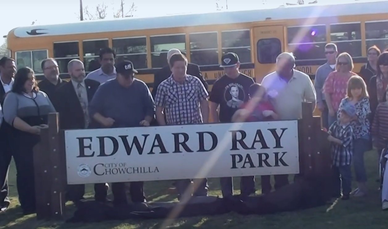  Family members joined with area government leaders to dedicate the renaming of a park in Ed Ray’s honor on January 27, 2015—photo from video on the City of Chowchilla website  CityofChowchilla.org .   