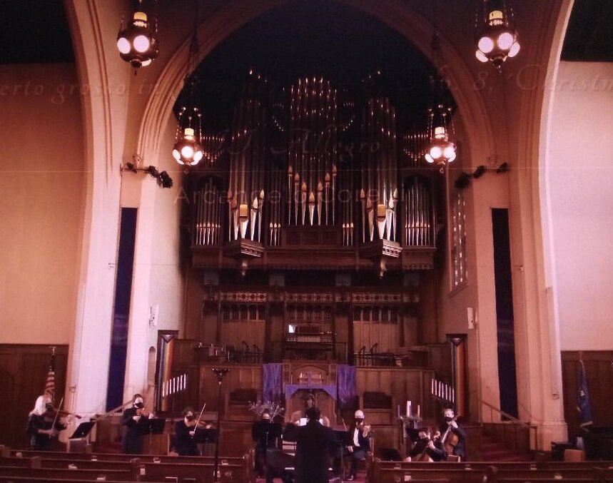  The Merced Symphony Association posted a holiday concert to YouTube in late December. Portions of the concert, including this scene pictured, originated from the First Presbyterian Church of Oakland. Photo: Merced Symphony Association. 