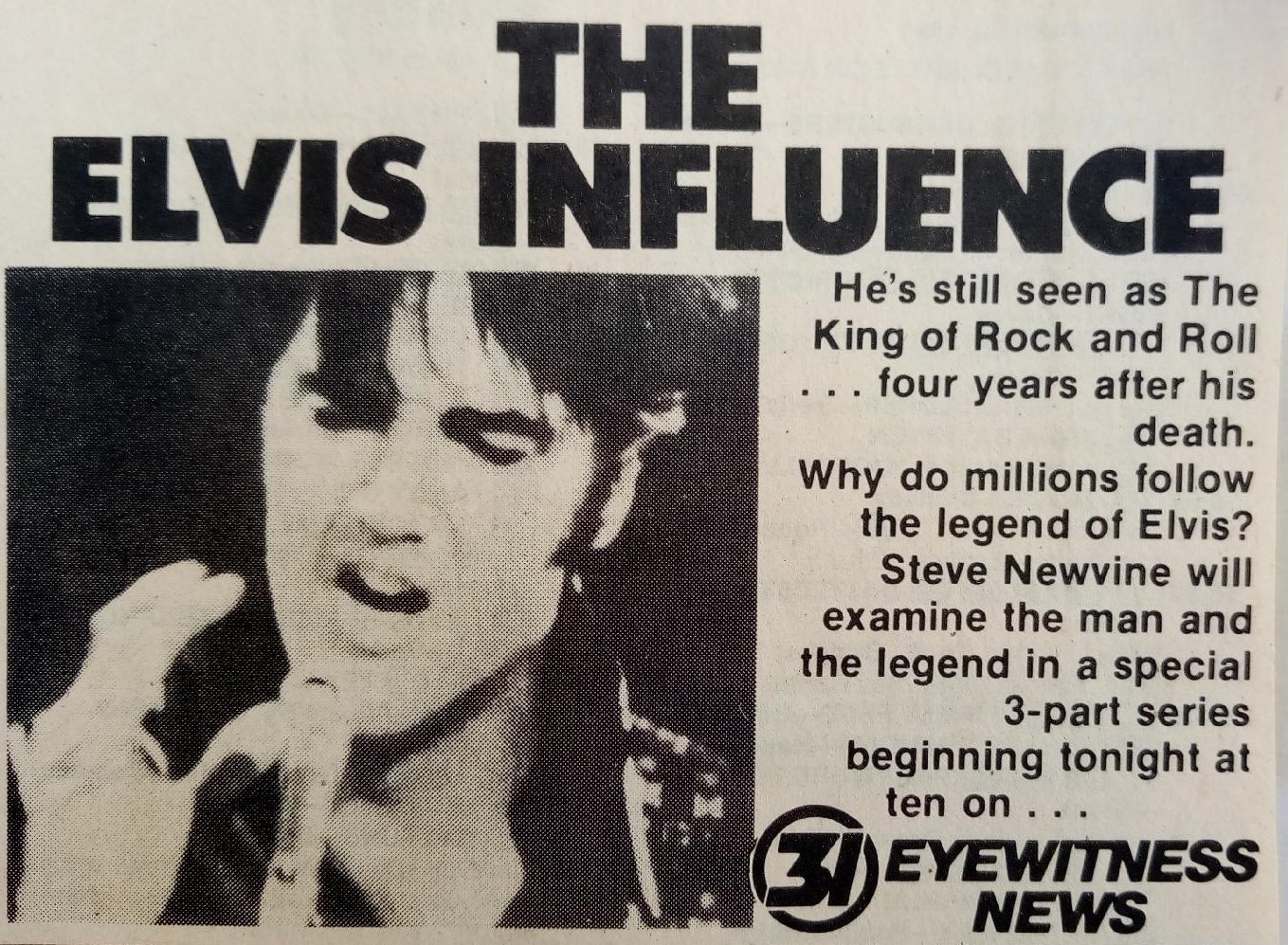   The TV Guide advertisement promoting The Elvis Influence series of special reports that aired on station WAAY-TV in 1981. Newvine Personal Collection 