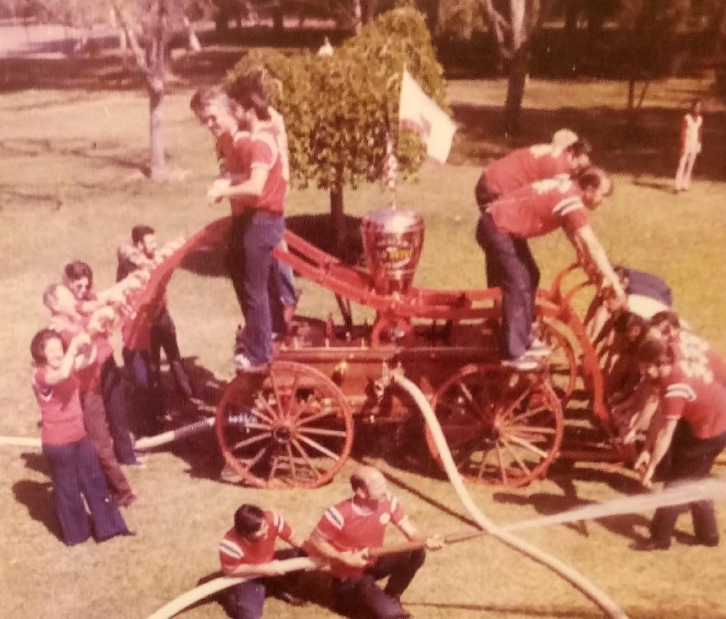 Old Betsy was used in firematics-type competitions and demonstrations up until a crack formed on the pumper’s frame. Photo: Merced County Courthouse Museum exhibit 150 Years Later: Old Betsy’s Legacy Continued.