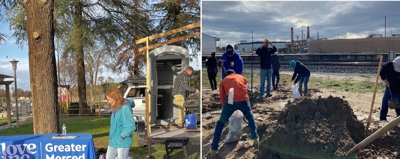 Volunteers staffed the Love INC portable shower ministry that was moved to the County Fairgrounds where a shelter for evacuated residents was set up. In Atwater, volunteers moved quickly to fill sandbags for residents needing them. Photo: Love INC and City of Atwater Facebook pages.