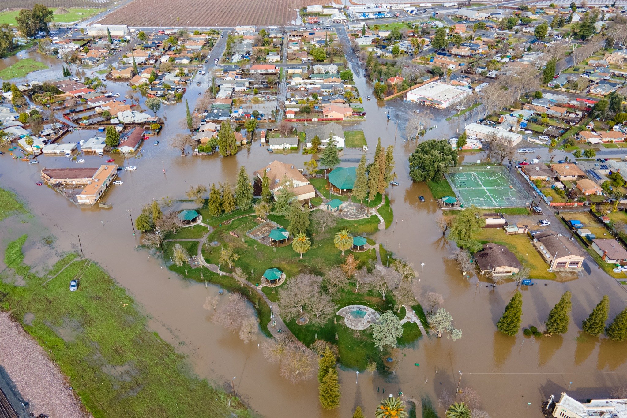 The County of Merced provided some of the amazing aerial photographs seen here. The County set up a special storm information link on the County website and asked residents to donate supplies to three flood shelters. Within days, the shelters were stocked. Photo: Merced County Facebook page.