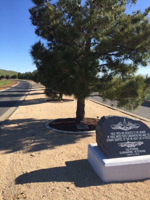  A memorial to sixty-five submarines lost in battle by the US during World War II.  The trees line the road median coming into the San Joaquin Valley National Cemetery.  Picture:  Steve Newvine 