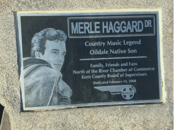 A marker in front of the Harley Davidson dealership on Merle Haggard Drive in Oildale north of Bakersfield. Photo: Steve Newvine
