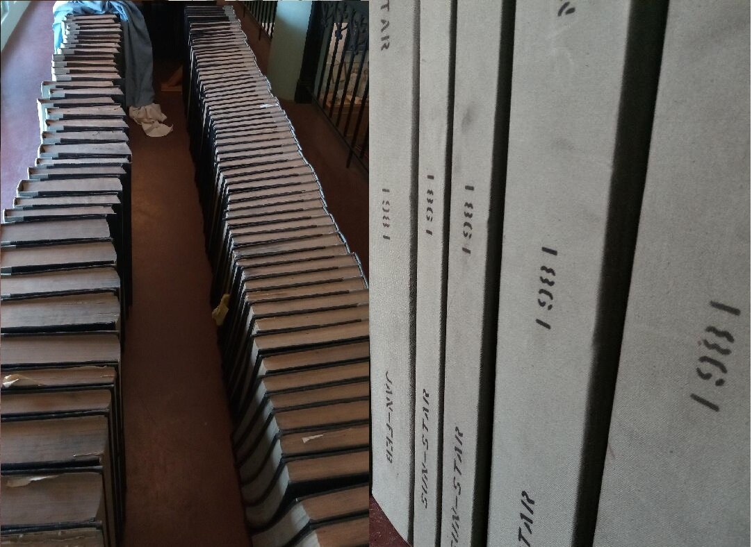  Bound volumes of Merced Sun Star newspapers, are stored at the Merced County Courthouse Museum.  The books are being used now to provide more information about the photographs acquired by the Museum.  Photo:  Steve Newvine 