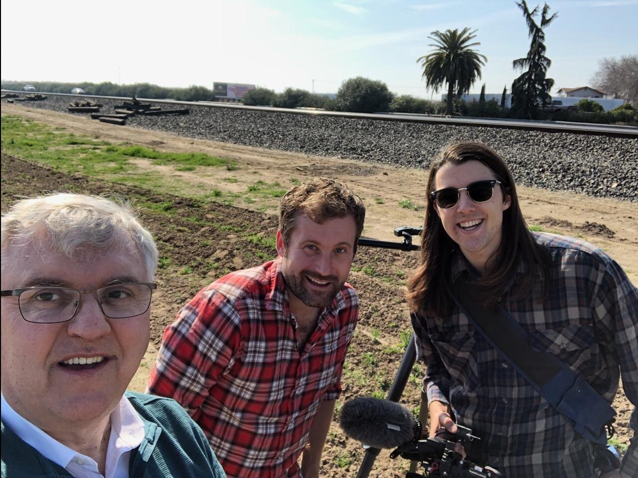 My fellow storytellers John Bartell and Tyler Horst at the site of the palm and the pine in Madera. Photo: Steve Newvine