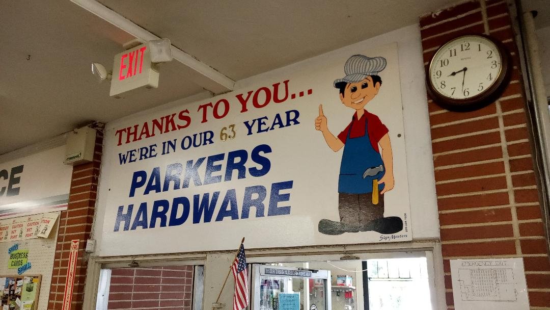 This big sign inside Parker’s Hardware notes the business has served Merced customers for sixty-three years. Photo: Steve Newvine