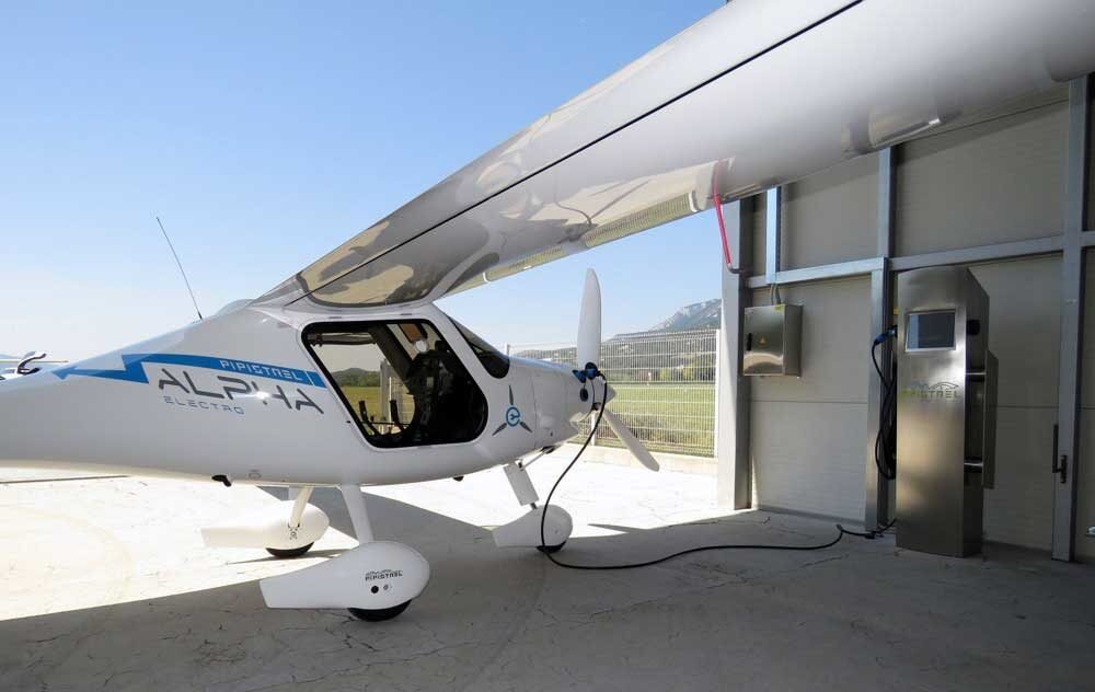  One of the four Pipistrel Alpha Trainers at the Fresno Chandler Airport getting recharged.  Photo:  New Vision Aviation. 
