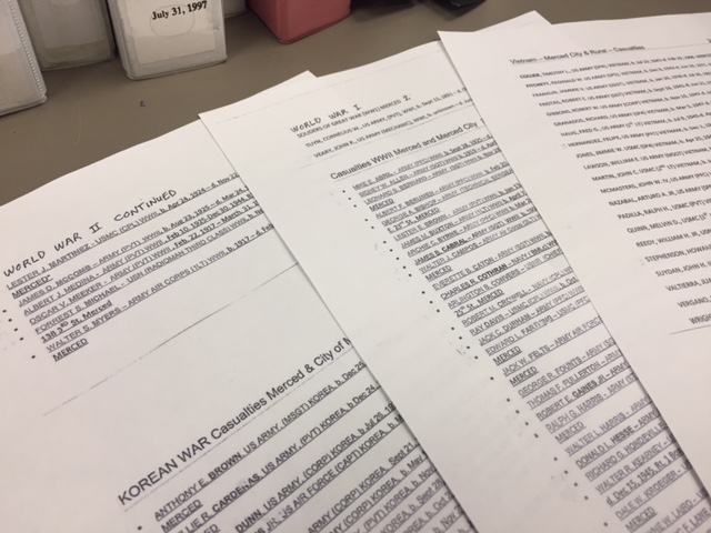  Part of the list naming the eighty soldiers from Merced who were killed in action in our nation’s wars. Photo: Steve Newvine 