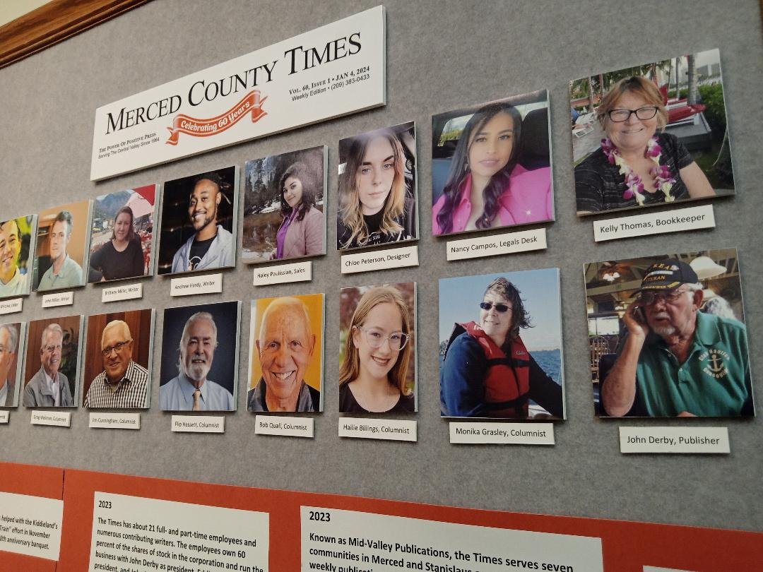 The current staff and columnists of the Merced County Times, including a photo shot by Steve Newvine from a 2017 Our Community Story column on the late publisher John Derby (lower right). Photo: Steve Newvine