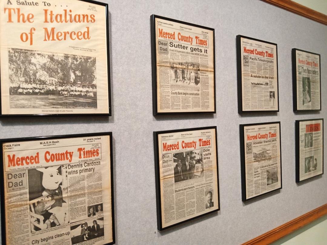 Selected front pages from the Merced County Times are part of the exhibit at the Courthouse Museum. Photo: Steve Newvine