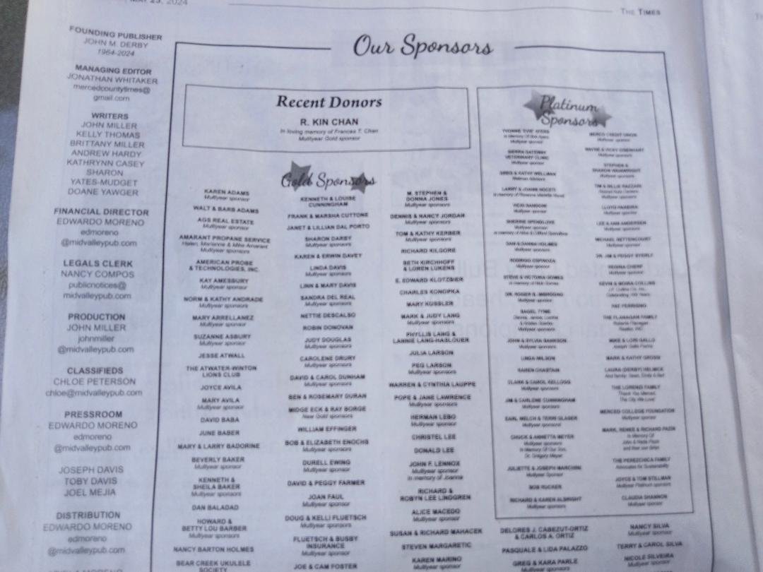 The sponsorship page from a recent edition of the Merced County Times.