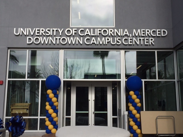  School colors blue and gold adorn the entrance to the new UC Merced Downtown Campus Center.  Photo: Steve Newvine  