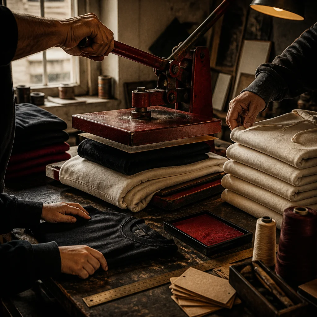 Company website image showing hands at an apparel press beside stacks of folded garments